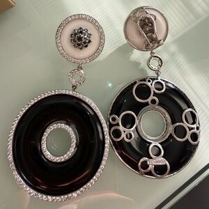 Art deco style 925 silver signed Ganezzi earrings- polished black onyx/ceramic